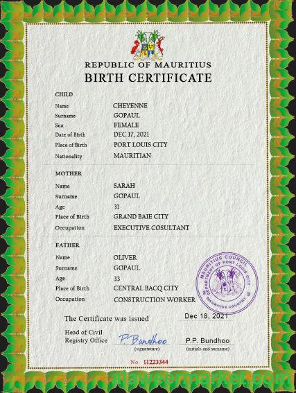 Mauritius vital record birth certificate PSD template